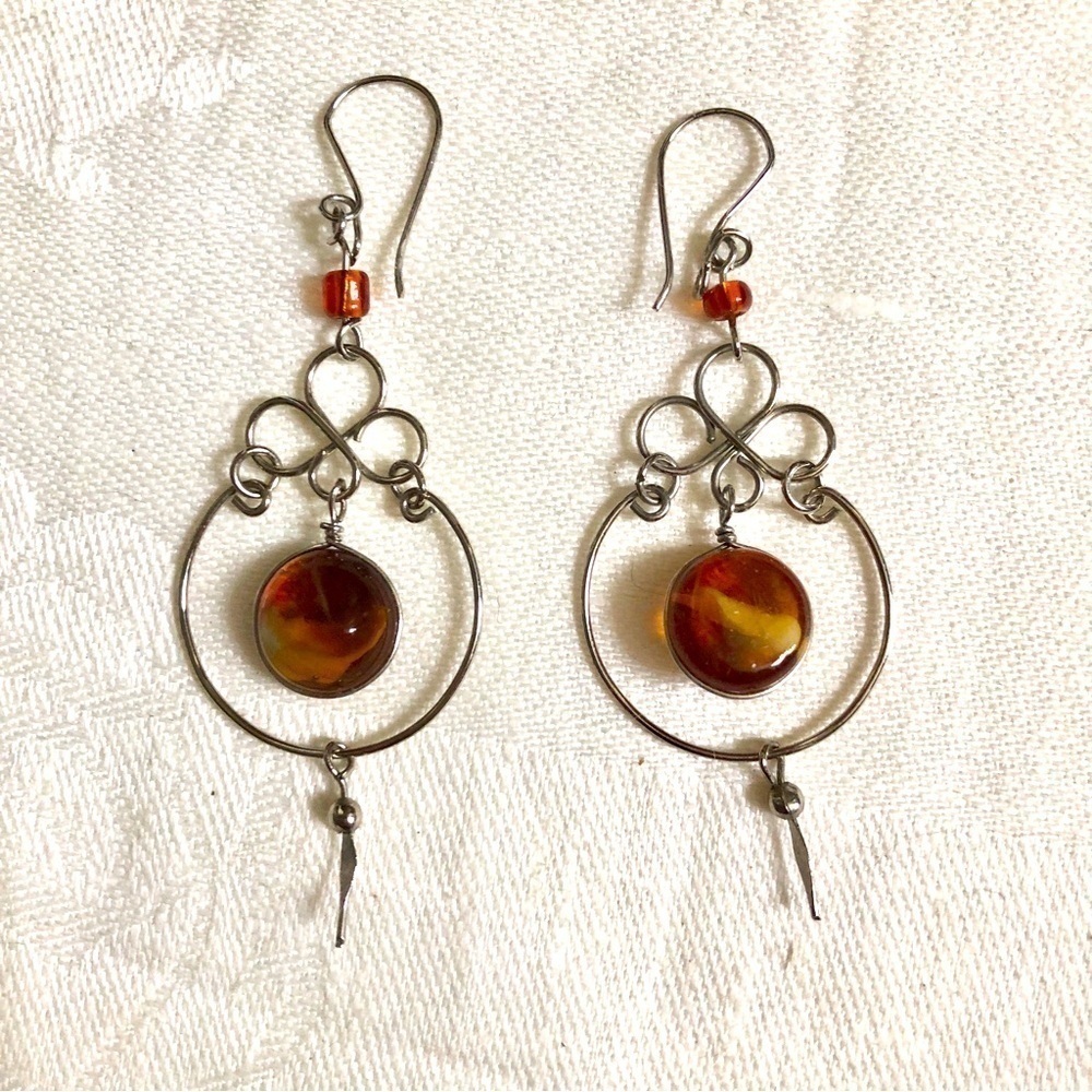 Artisan Made Silver Tone Mediterranean Earrings with Amber Type Stone